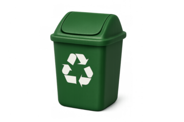 Green recycling bin with symbol on transparent background