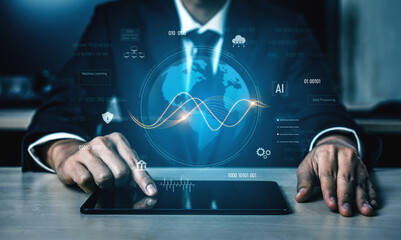 Fototapeta premium Global AI and data processing system enhances data, AI, and processing efficiency through digital network and global integration of intelligent technology Vouch
