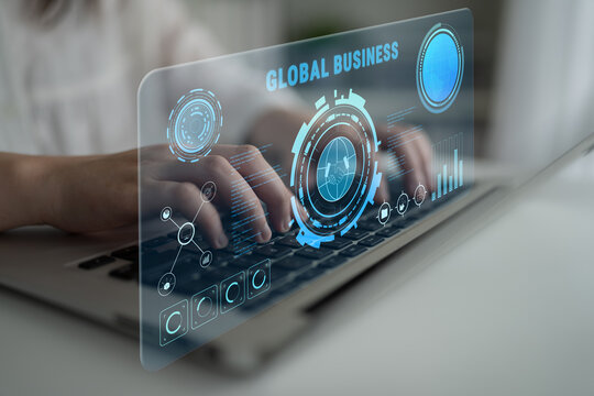 Global business partnerships and international trade concept. A dashboard for worldwide market analytics, data visualization, and company strategy. Motif - Powered by Adobe