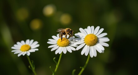 Obraz premium Busy bee pollinating delicate chamomile blossoms under warm sunlight, emphasizing the detailed interaction between insect and herbal flower, botany, gathering, busy