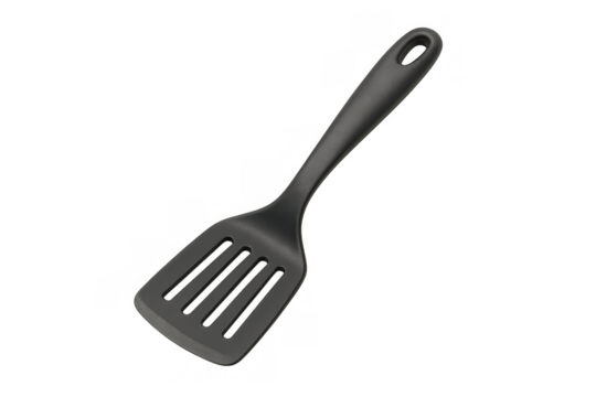 Black plastic slotted spatula for cooking food