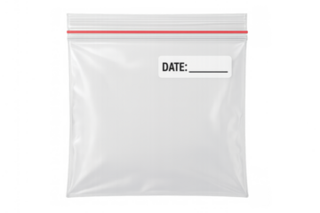 Empty plastic zipper bag with date label transparent background