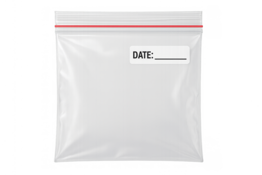 Empty plastic zipper bag with date label transparent background