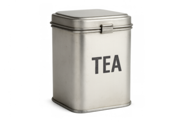 Metal tea caddy container with label on transparent background