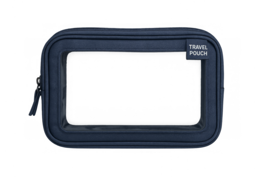 Blue travel pouch with transparent window for organizing