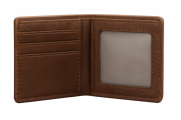 Brown leather wallet empty and open displaying card slots
