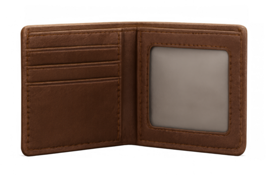 Brown leather wallet empty and open displaying card slots