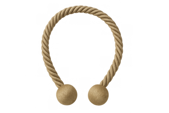 Decorative rope curtain tieback with tassels against transparency