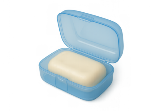 Blue plastic soap case holding bar soap