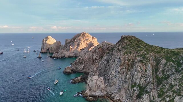 El Arco Cabo San Lucas Mexico Beach Aerial Footage Shoreline Sunset Arch Mountain Limestone