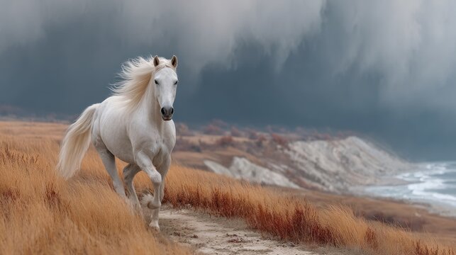 A majestic white horse gallops across a windswept landscape towards the coast