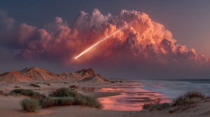 A meteor streak cuts through a dramatic sunset sky over a sandy beach & ocean
