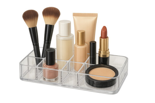Cosmetics and makeup products in transparent organizer with brushes