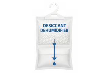 Hanging desiccant dehumidifier bag absorbing moisture from air
