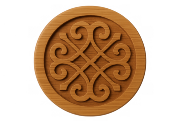 Round wooden carving symbol, traditional decorative pattern
