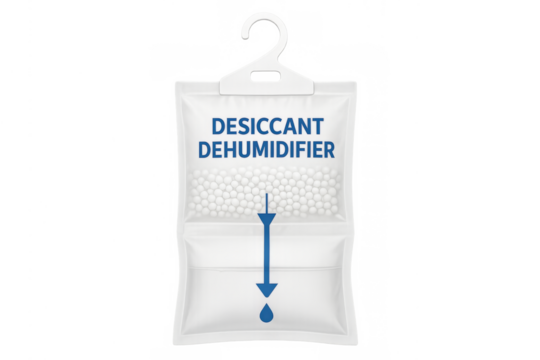 Hanging desiccant dehumidifier bag absorbing moisture from air