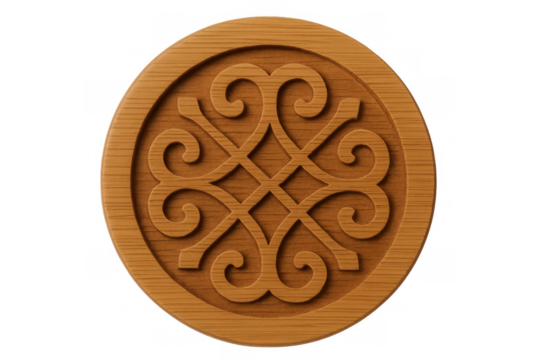 Round wooden carving symbol, traditional decorative pattern