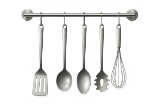 Stainless steel kitchen utensils hanging rack transparent background