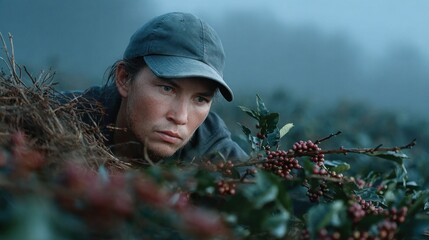 A person in a cap carefully examines coffee berries on a misty hillside