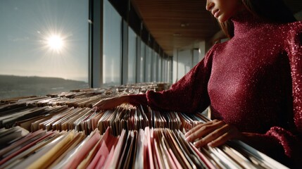 A person in a sparkly maroon top searches through files in a sunny, high-rise office