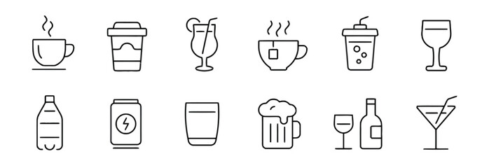 soda, non-alcoholic, background, style, containers., juice, wine, art, glass, cup, ice, drink, white, black, tea, graphic, foam, bottle, line, refreshing, beer, container, vector, straw.