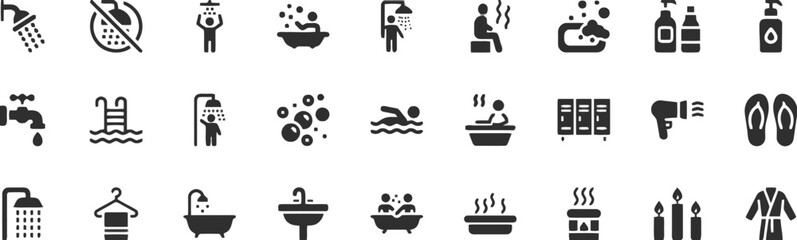 shower, no water, person showering, bathtub, bubbles, person in bath, steam, hot tub, soap dispenser, faucet, swimming pool, person swimming, locker room, hairdryer, flip flops, towel, sink, candles, 