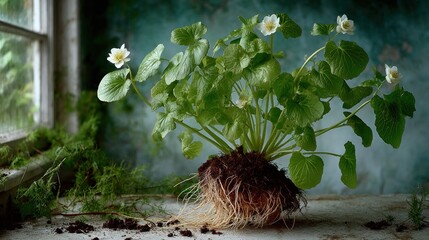 A potted plant with white blooms and exposed roots sits near a window with moss and greenery
