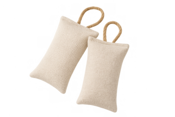 Two scented sachets with jute loops, transparent background