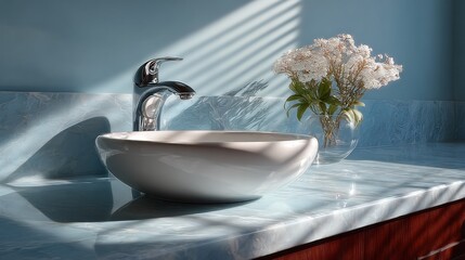 A pristine white sink, faucet, and vase of white flowers bathed in sunlight with striped shadows
