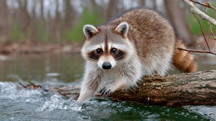 A raccoon, partially submerged in water, on a log, eyes focused, against a blurred background