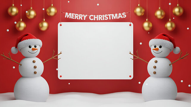 Festive christmas scene with snowmen and blank sign for personalized message