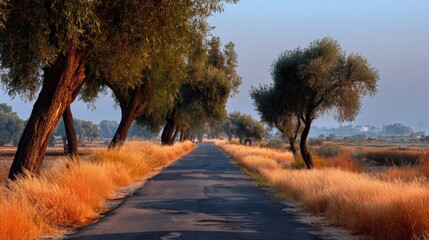 A road stretches through a golden meadow, lined with trees under a warm, diffused light