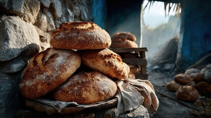 A rustic pile of fresh, golden bread loaves in a stone dwelling