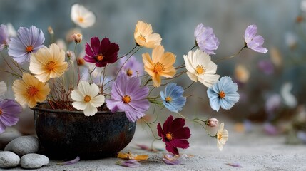 A rustic pot overflowing with vibrant cosmos flowers, soft lighting and blurred background