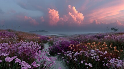 A scenic coastal meadow blooming under a twilight sky, leading to the sea