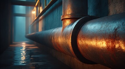 A rusty pipe runs along a damp, dimly lit corridor. Water pools on the floor, reflected light