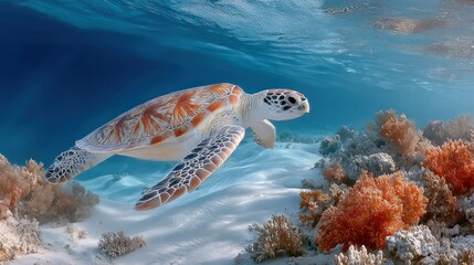 A sea turtle glides gracefully through clear ocean waters, near vibrant coral