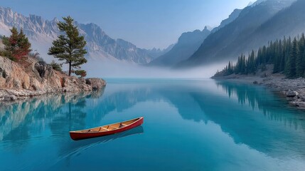 A serene lake scene with a canoe, mountains, trees, and mist
