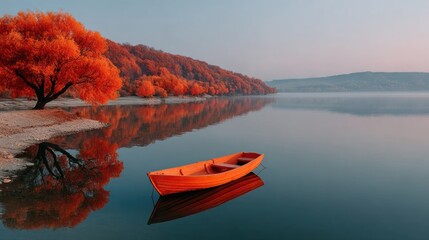 A serene lake scene featuring a red boat, autumn trees, and misty mountains