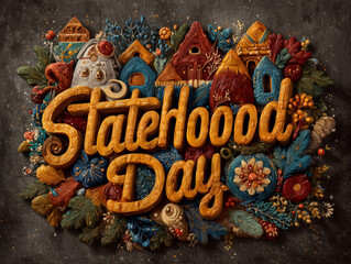 The title Statehood Day is written with a colorful matsu pattern.