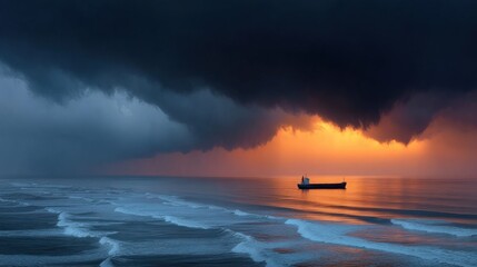 A ship navigates ocean under a dramatic sunset, framed by dark clouds and breaking waves