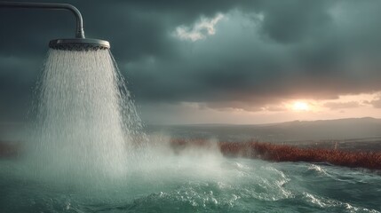 A shower head gushes water over an expanse of turbulent water beneath a moody sky