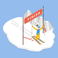 Naklejka premium 3D Isometric Flat Vector Illustration of Ski Finish, Successful Completion Of A Marathon Race