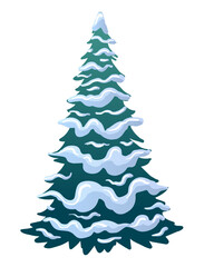 Vector object green fir tree in snow isolated on white background 