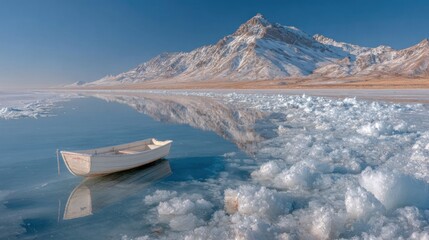 A small boat sits peacefully on a lake, reflecting a snowy mountain range and clear blue sky