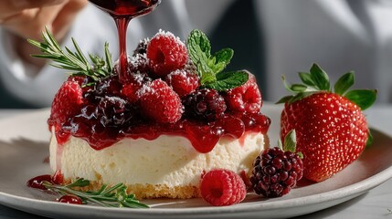 A small cheesecake with berries and syrup being poured over it, decorated with herbs