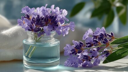 A small glass jar holds lavender sprigs with more blooms nearby; soft background