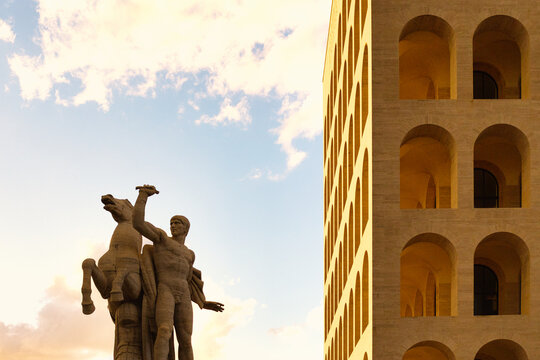View of the Palazzo della Civilt&agrave; Italiana, also known as the Square Colosseum, in the EUR district of Rome, Italy. Sunset