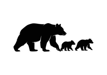 A silhouette of a mother bear leading her two cubs forward