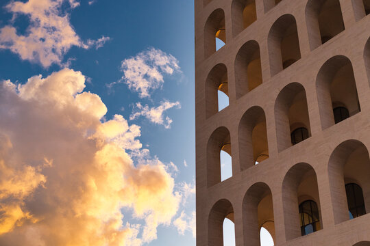 View of the Palazzo della Civilt&agrave; Italiana, also known as the Square Colosseum, in the EUR district of Rome, Italy. Sunset